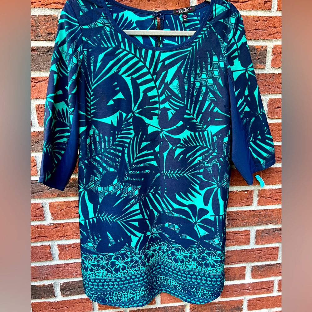 BeBop -tropical rainforest dark blue and green shift dress.